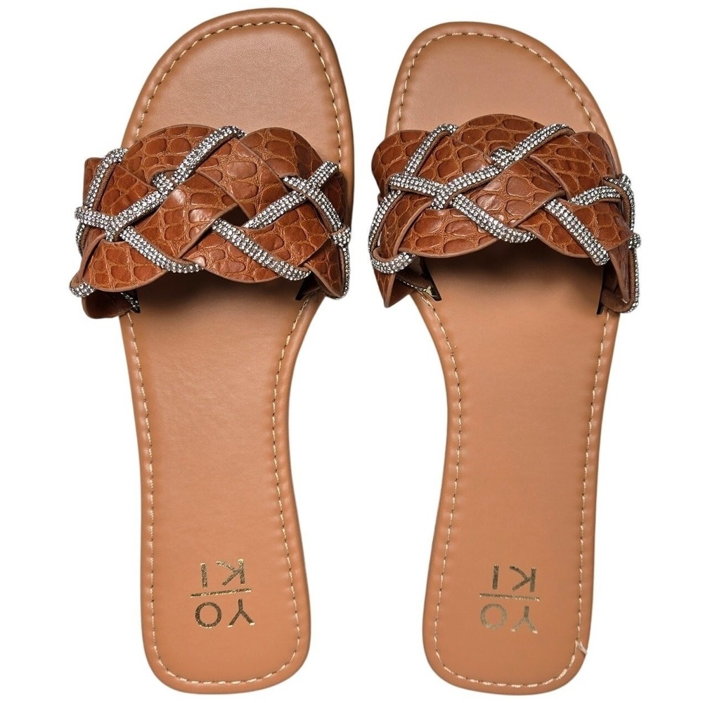 Yoki Women Rust Crocodile Embossed Rhinestone Slide Sandals Size 8‎
